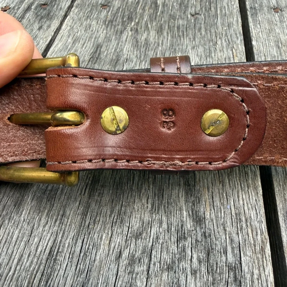Mens Brown Leather Work Belt‎ Size 38 Solid Brass Buckle Heavy Duty Stitched